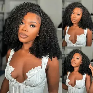 【3 In 1 Half Wig】Kinky Curly Half Wig Human Hair 180% Density Wear And Go Glueless Wigs Human Hair 14 Inch Curly 3 In 1 Half Wigs for Women Drawstring Seamless Flip Headband Wig Beginner Friendly