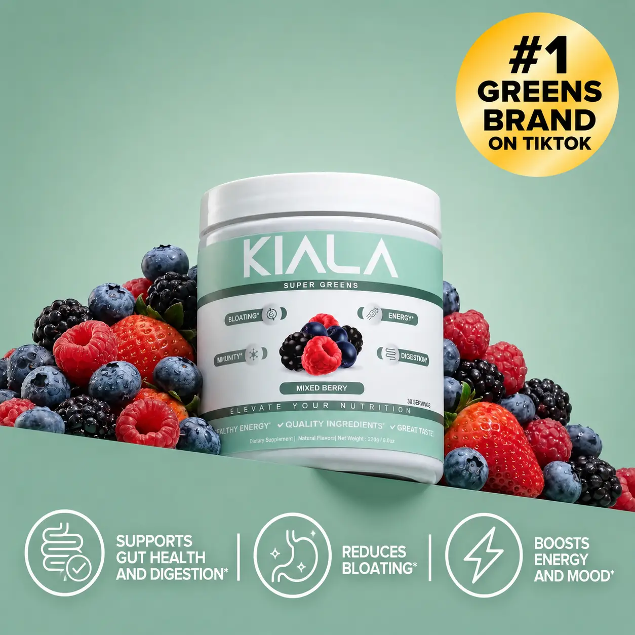 Kiala Nutrition Mixed Berry Organic Super Greens Powder Dietary Supplement Kiala Nutrition Mixed Berry Organic Super Greens Powder Dietary Supplement