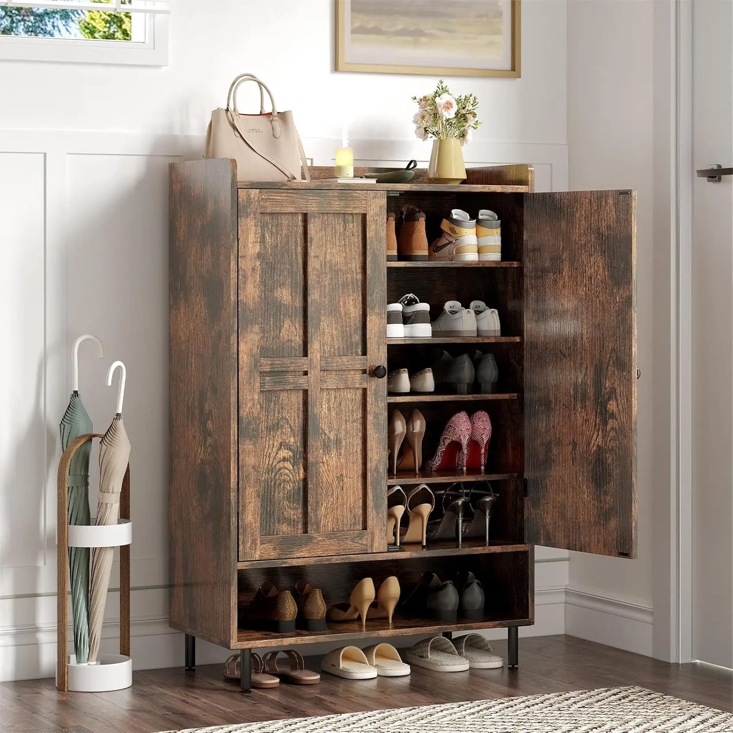【Up to 24 Pairs & Adjustable Shelves】ONBRILL 8 Tier Farmhouse Shoe Storage Cabinet, 45'' Tall Modern Shoe Cabinet with Metal Legs, Shoes Rack Organizer Cabinet for Entryway, Front Door,Livingroom Bedroom Furniture,Christmas Gift【SummerFinds】
