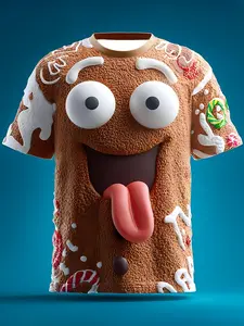 Gingerbread for Man 3D Printed Men's Casual Short-Sleeve T-Shirt, Soft Polyester Fiber for Cool and Comfortable Party Wear, Crew Neck Short Sleeve, Casual Sportswear, Summer Casual Street Style, Machine Washable Comfortable Fabric, Durable Printed