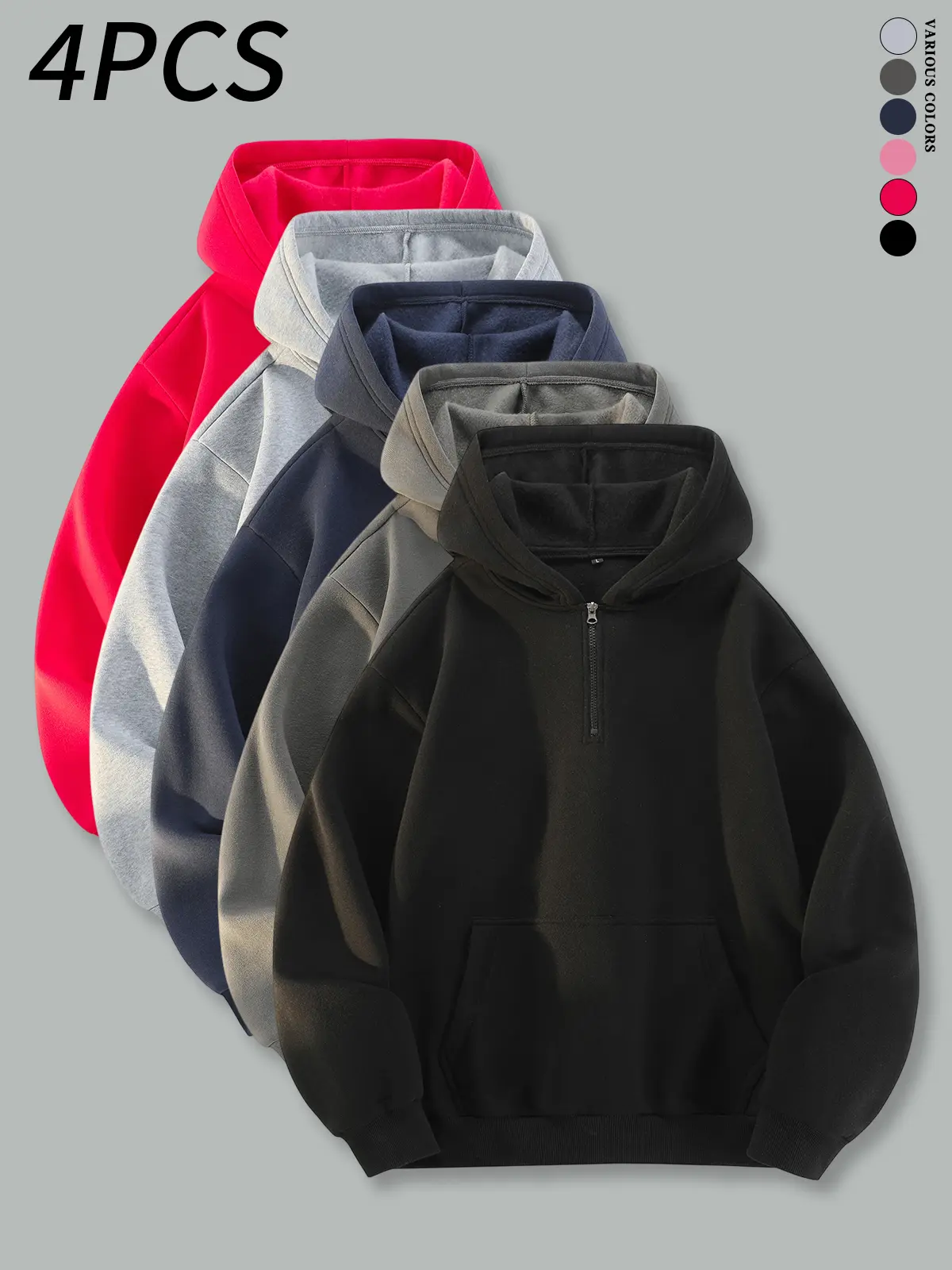 4-pack men’s half-zip hoodies, men’s casual tops, men’s hooded sweatshirts, comfortable casual wear, basic everyday streetwear, men’s fashion apparel, loose long sleeves, autumn/winter style, men’s pullover sweatshirts