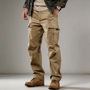 Men’s rugged workwear pants — straight-leg casual cargo pants with multiple pockets, vintage washed distressed finish, Classic, Menswear,summervibes summervibes