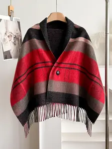 Vintage Plaid Fringed Shawl with Buckle, Versatile Women’s Warm Fashion Scarf, Perfect Lightweight Cape for Autumn & Winter
