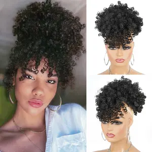 Afro Puff Drawstring Ponytail with Bangs Pineapple Updo Hair for Black Women, Short Kinky Curly Ponytail Bun