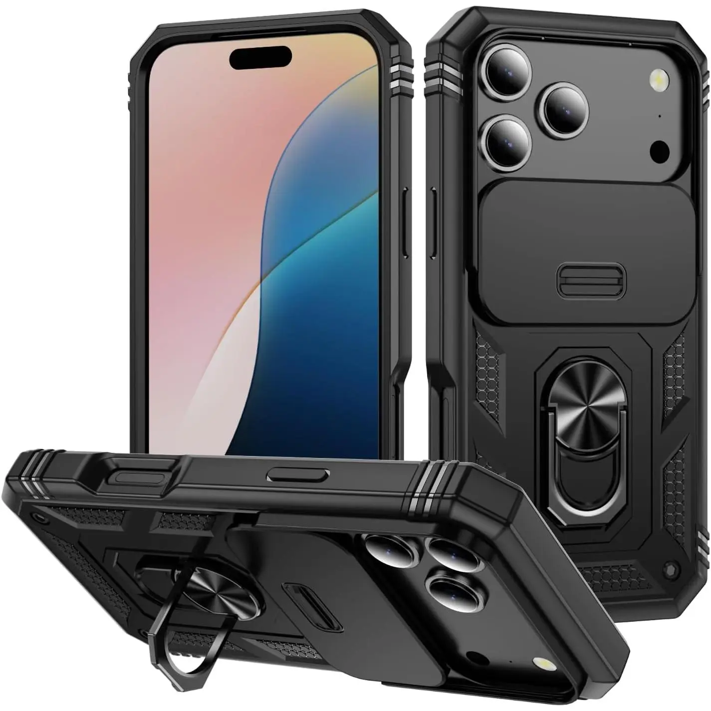 iPhone 17 Pro Heavy Duty Shockproof Protective Case - Black Military-Grade Cover for Smartphone, Handheld Cellphone Devices with 360° Metal Rotatable Ring Kickstand, Slide Camera Cover (Mobile Phone Accessory)