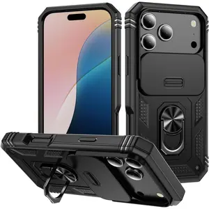 with iPhone 17 Pro Max Case 360° Metal Rotated Ring Holder Magnetic Kickstand【Slide Camera Cover 】 Military - Grade Protection for 17 Pro Max 6.9 '' Phone Case Black