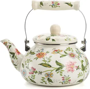 2.6 Quart Vintage Enamel Tea Kettle, Green Floral Enamel on Steel Teapot with Cool Touch Porcelain Handle for Stovetop Home Kitchen Decor, Great Gift for Housewarming Christmas New Year