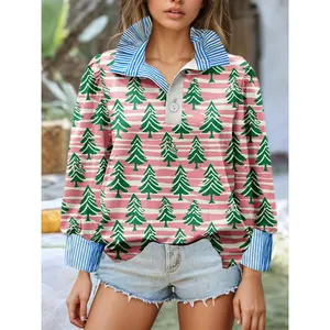 Vintage Christmas Tree Print V-Neck Blouse with Ruffle Detail - Breathable, Slim Fit, Long Sleeve Casual Top for Women - Perfect for Commuting & Layering, Christmas Shirts Mixed Color Fabric Womenswear