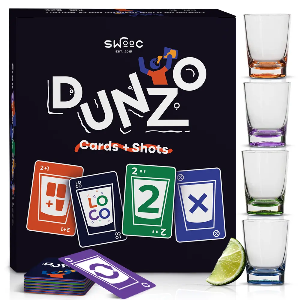 DUNZO -  Classic Card Game with 4 Unbreakable Glasses - Draw Two, Skip, Reverse, Get Loco - Fun Party Game & Funny Gifts - Couples Card Games - Game Night Games for Groups Adult, drinking game card games couple  card articulate  board game party game