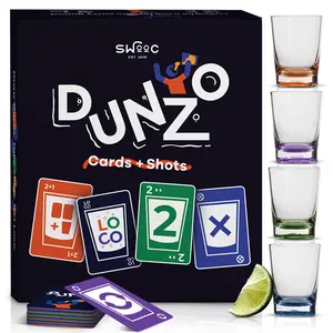 DUNZO -  Classic Card Game with 4 Unbreakable Glasses - Draw Two, Skip, Reverse, Get Loco - Fun Party Game & Funny Gifts - Couples Card Games - Game Night Games for Groups Adult, drinking game card games couple  card articulate  board game party game
