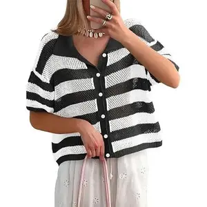 Womens Summer Striped Crochet Cardigan Sweater Half Sleeve Button up Tops Loose Fit Cover Up
