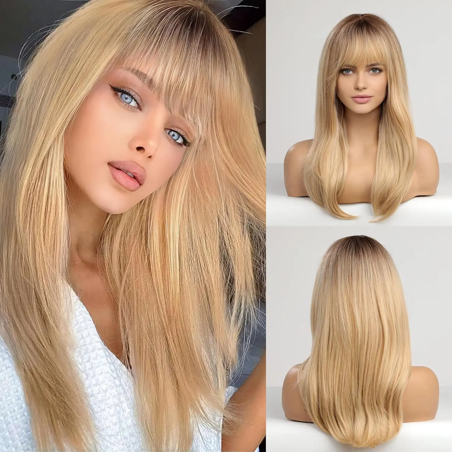 HAIRCUBE Sunny Blonde Charm: 18-Inch Long Straight Wig with Bangs - Synthetic Hair for Women's Daily Wear or Cosplay Transformations