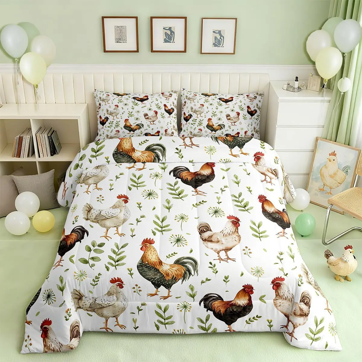 Lovely Chicken Bedding Set Farm Animals Rural Rooster Duvet Set for Boys Girls Teens Leaf Pattern Comforter Breathable Soft Lightweight Microfiber Room Decor Duvet Quilt