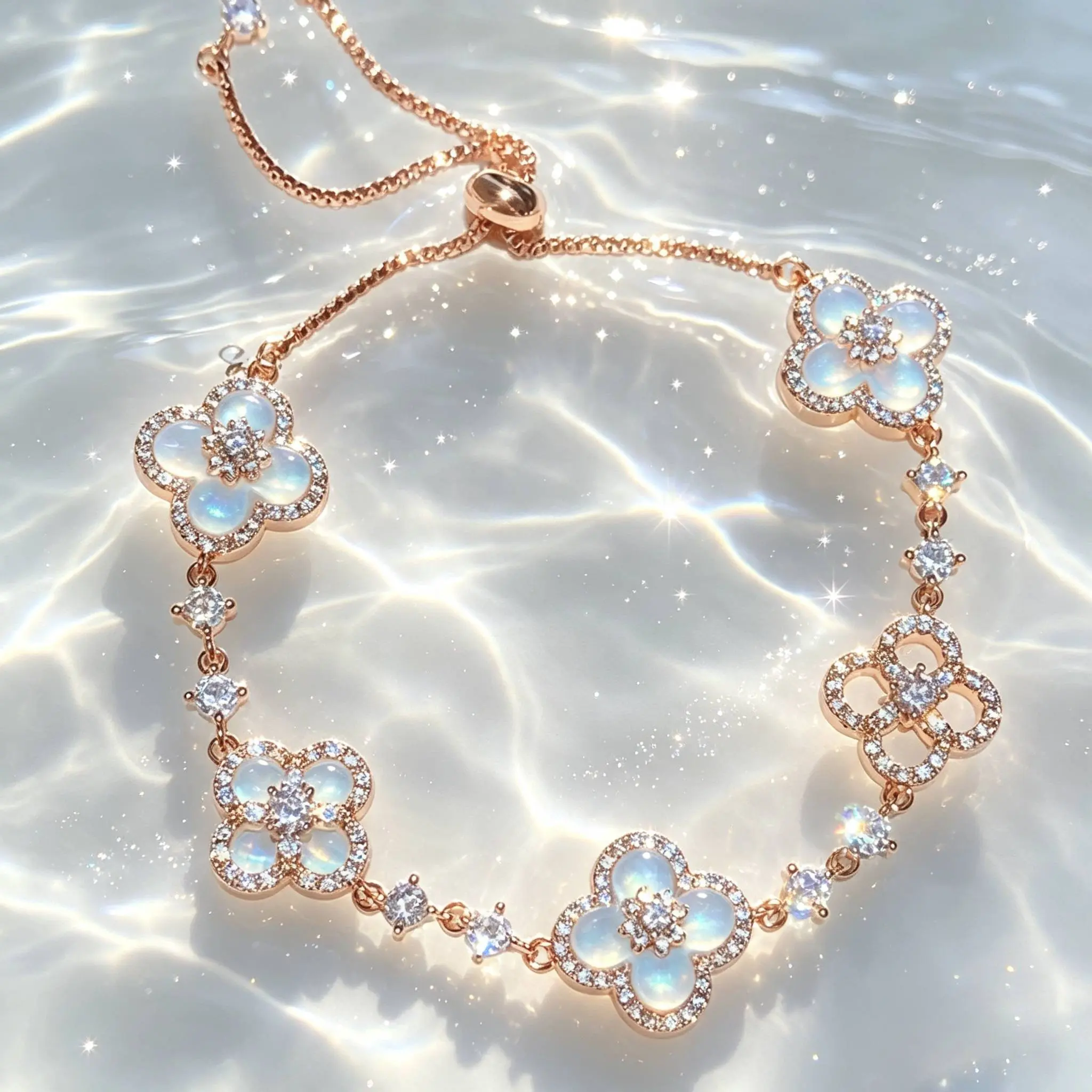 Adjustable 4-Leaf Clover Bracelet, Non-Natural Crystal Jewelry with Mother-of-Pearl, Rose Gold Accents and Diamonds - Elegant Accessory
