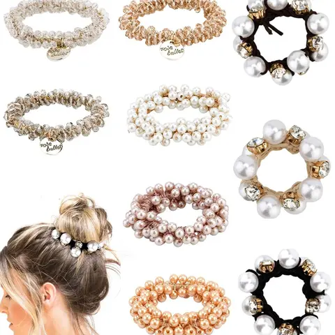 9pcs Pearl Hair Ties, Elastic Hair Scrunchies with Crystal Beads, Bulk Hair Ropes, Stretchy Handmade Boho Aesthetic Accessory for Women & Girls Hair Accessories