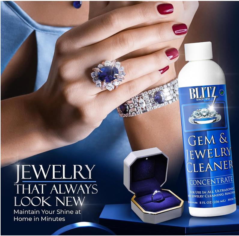 Blitz Gem & Jewelry Cleaner Liquid Concentrate for Gold, Silver, & Platinum Jewelry Cleans Non-Porous, Precious & Semi-Precious Stones. Non-Toxic, Non-Abrasive, & Planet Friendly Made in USA 8oz