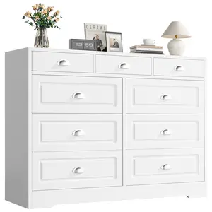 Walsunny Dresser for Bedroom with 9 Drawers, Farmhouse Wood Clothes Storage Cabinet Pantry Bins Organizer for Living Room, Entryway and Hallway, White