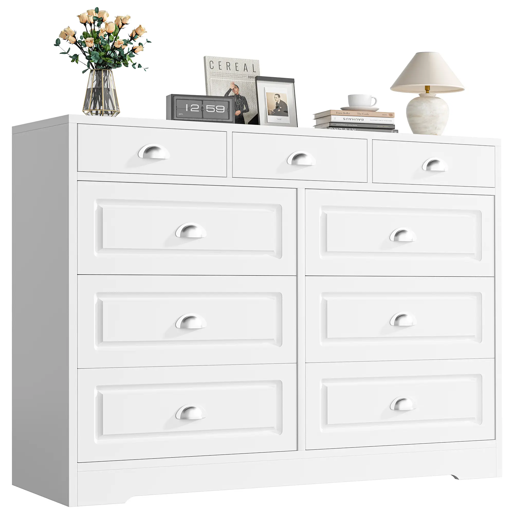 Walsunny Dresser for Bedroom with 9 Drawers, Farmhouse Wood Clothes Storage Cabinet Pantry Bins Organizer for Living Room, Entryway and Hallway, White