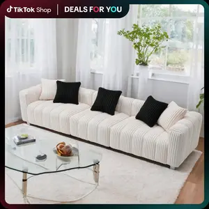 114.17" Mid-Century Retro Modern Durable Fabric Sofa with 5 Pillows 3-Seater Corduroy Couch for Living Room Soft Comfortable Cushions Easy to Clean Apartment Condo Furniture White & Black