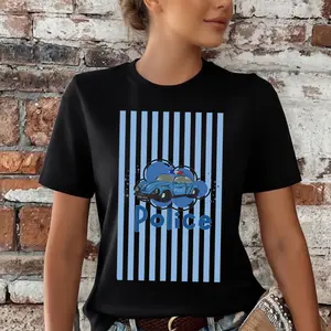 [100% Cotton] Police T-Shirt, Cute Police Car Graphic Tee, Aesthetic Law Enforcement Shirt, Trendy Blue Stripe Short Sleeve Tshirt, First Responder Outfit Apparel, Gift For Police Women Men Supporters.