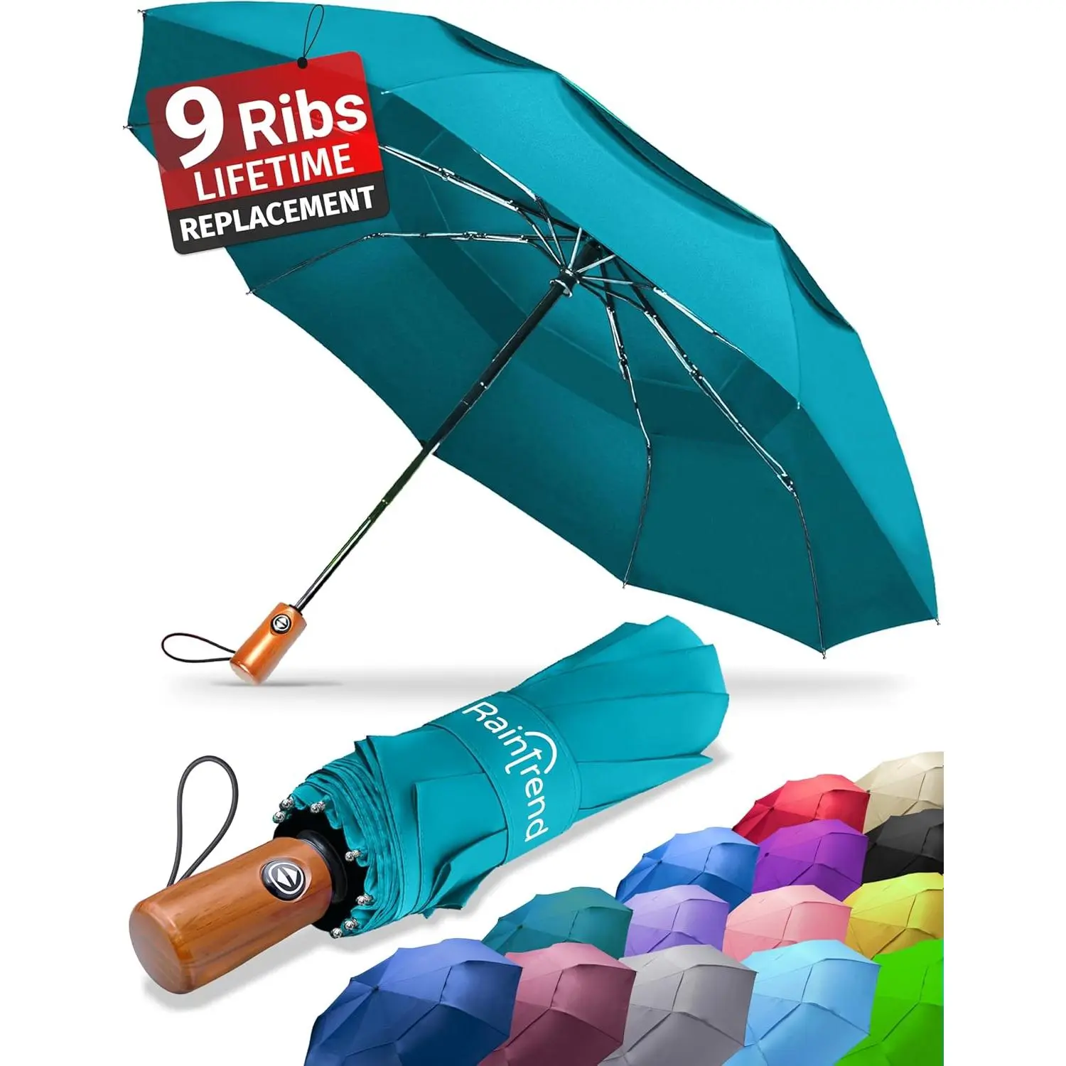 Umbrella Windproof Travel Umbrellas for Rain,Compact Small Portable Folding Automatic  Wind Resistant Large Double Canopy, Dark Turquoise, Classic