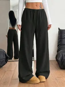 Women's Casual Loose Black Linen Wide Leg Pants Elastic Waist Drawstring Baggy Trousers Streetwear Yoga Lounge Wear