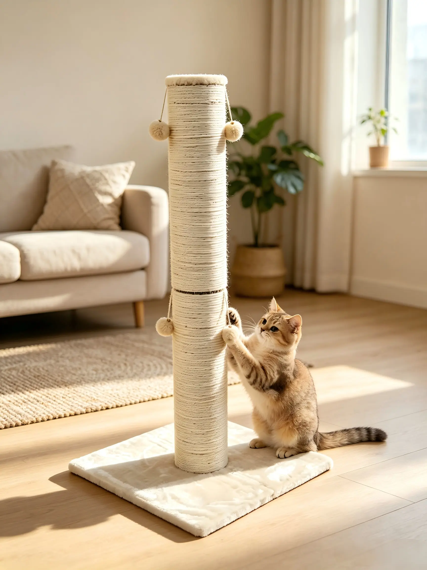 Plain Freestanding SisalScratching Post for Indoor Cats, 23.62" L x23.62" W x 48.03" H, Sturdy Base,Space-SavingCompact Build, Supports Healthy Nails,Vertical Scratcher