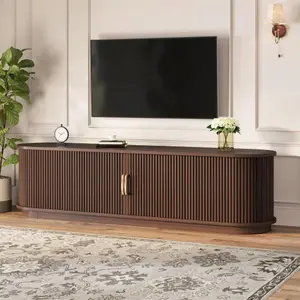 Bellemave Vintage Rustic Farmhouse TV Stand - Wood Grained Modern Entertainment Television Console Table with Fluted Design, Sliding Wood Slatted Doors, Drawer, Cable Management for 75" TVs, Living Room, Modern Tv Stand