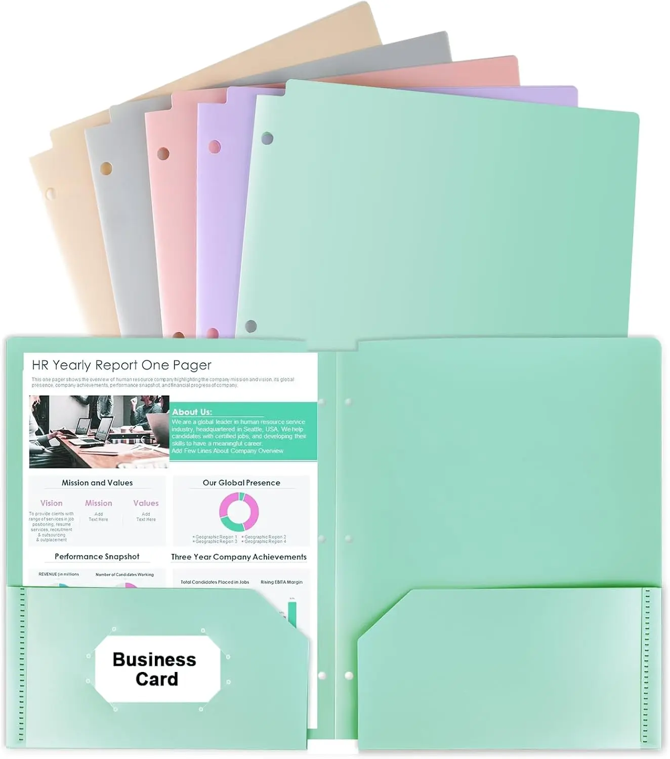 3 Hole Pocket Folders, 5 Pcs Pastel Color Heavy Duty Plastic for 3 Ring Binder, with Pockets 3-Hole Punched, Binder Folders for Documents School Supplies Office Business habgp