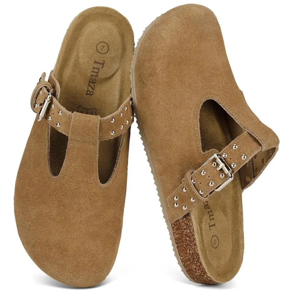 Women's 100% Genuine Suede Leather Clogs - Arch Support Footwear, Memory Foam Slip-On Soft Leather Mules, Cork Footbed Mary Jane Walking Shoes for Casual Wear,back to school,back to school haul