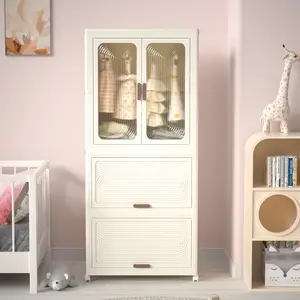 Portable Cream White Wardrobe Closet, 4-Cube with Hanging Rod & Magnetic Doors, 10 Hangers, 28x16x57in, American Design Plastic PP Material, Freestanding Bedroom Storage