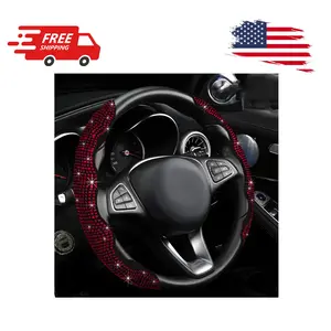 2 PCS Steering Wheel Cover with Crystal Rhinestones, Non-Slip (Red)
