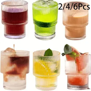 2/4/6 Pcs, 200ml/6.8oz stackable threaded glass cups, glass tumblers, iced coffee cups, juice cups, vertical striped vintage glass cups, reusable glass cups, suitable for Halloween, Christmas, Easter, Thanksgiving, Classic, Vintage Aesthetic, Drinkware