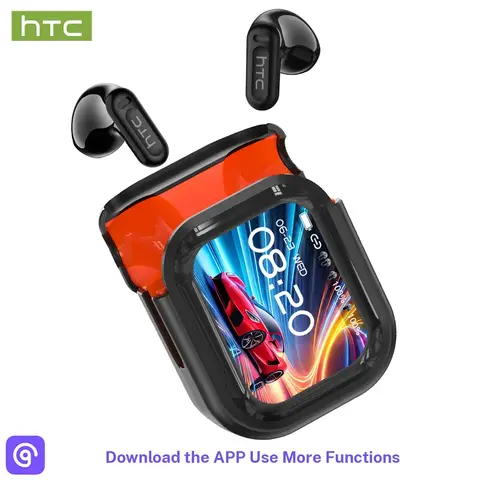 hTC NE20 Cordless Metal True Wireless Bluetooth 6.0 Audio Headphones, 5V In-Ear Earbuds with LCD Screen, Touch Controls, Built-In Mic, Portable Lanyard, 0.33 lbs, 1-1.5h Charging, for Gaming, Business