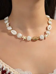 Women‘s Summer Beach Vacation Shell Bracelet, Coin Starfish Beaded Necklace, Fashion Jewelry for Women, Casual Wear Accessories