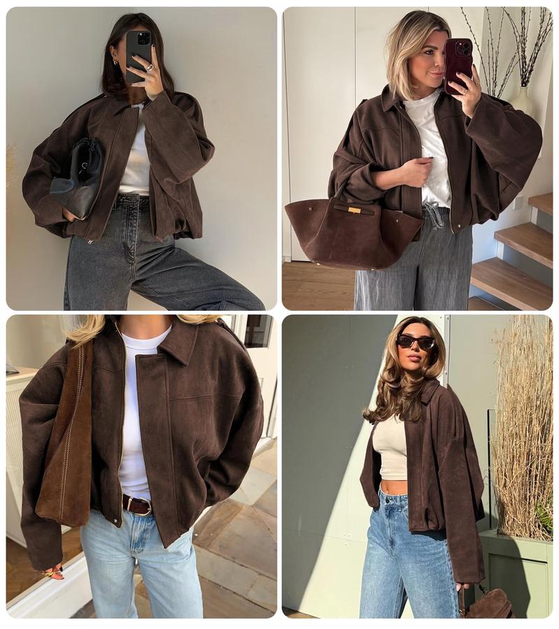 Women's Casual Army Green Jacket with Lapel Design Batwing Sleeves Button Front Lightweight Fashionable for Spring Autumn Winter All Match Tops Coats Womenswear Outerwear Fitted Basic Collared Minimalist length sleeve Dark Brown