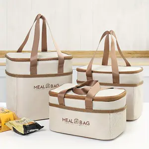 1pc Contact Large Capacity Oxford Cloth Lunch Bag with Brown Handles - Square Meal Storage Tote for Office, Travel, And Picnics, Meal Tote Bag|Sleek Lunch Carrier