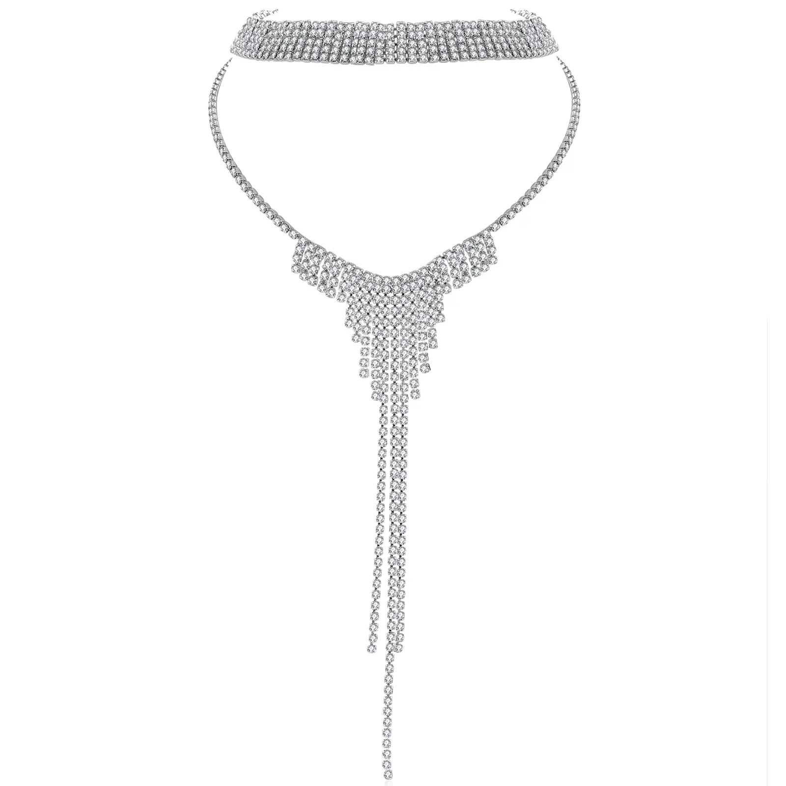 OIDEA Women's Luxury Tassel Rhinestone Diamond Layered Long Choker Necklace, Silver Sparkle Multi-Layer Collarbone Chain Statement Jewelry – Sparkly Charm, Diamond Setting, Bedazzling Glitter, Decorative Rhinestones Necklaces, Sparkly Charm Necklaces