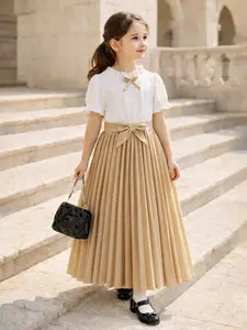Girls' Two-Piece Dress Pleated Skirt, Short Bubble Sleeves, Belted Bow Tie, Sweet School Style, Girl Clothes School, Suitable for School/party/birthday/daily Wear, 3-8 Years