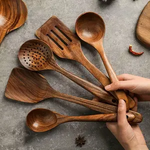 5-Piece Natural Teak Cooking Utensil Set, Wooden Cooking Tools, Heavy-Duty Kitchen Spoons, Scrapers, Turners, Ergonomic Handles, Non-Toxic Surface, Ideal Gift