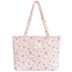Small Floral Quilted Tote Bag with Zipper Closure for Women Girls
