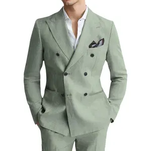 Mens Linen Suit 2 Piece Slim Fit Casual Double Breasted Suit Blazer Pants Set Summer Beach Wedding Linen Tuxedo Men