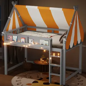 Full Size Loft Bed with Canopy, LED Lights & Book Shelf, Gray