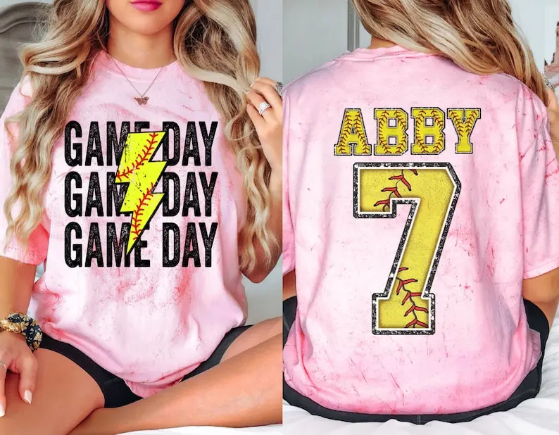 Custom Softball Mom Shirt with Kid's Name and Number, Game day softball season shirt for Mom, Youth Girl Personalized Mama softball Tee