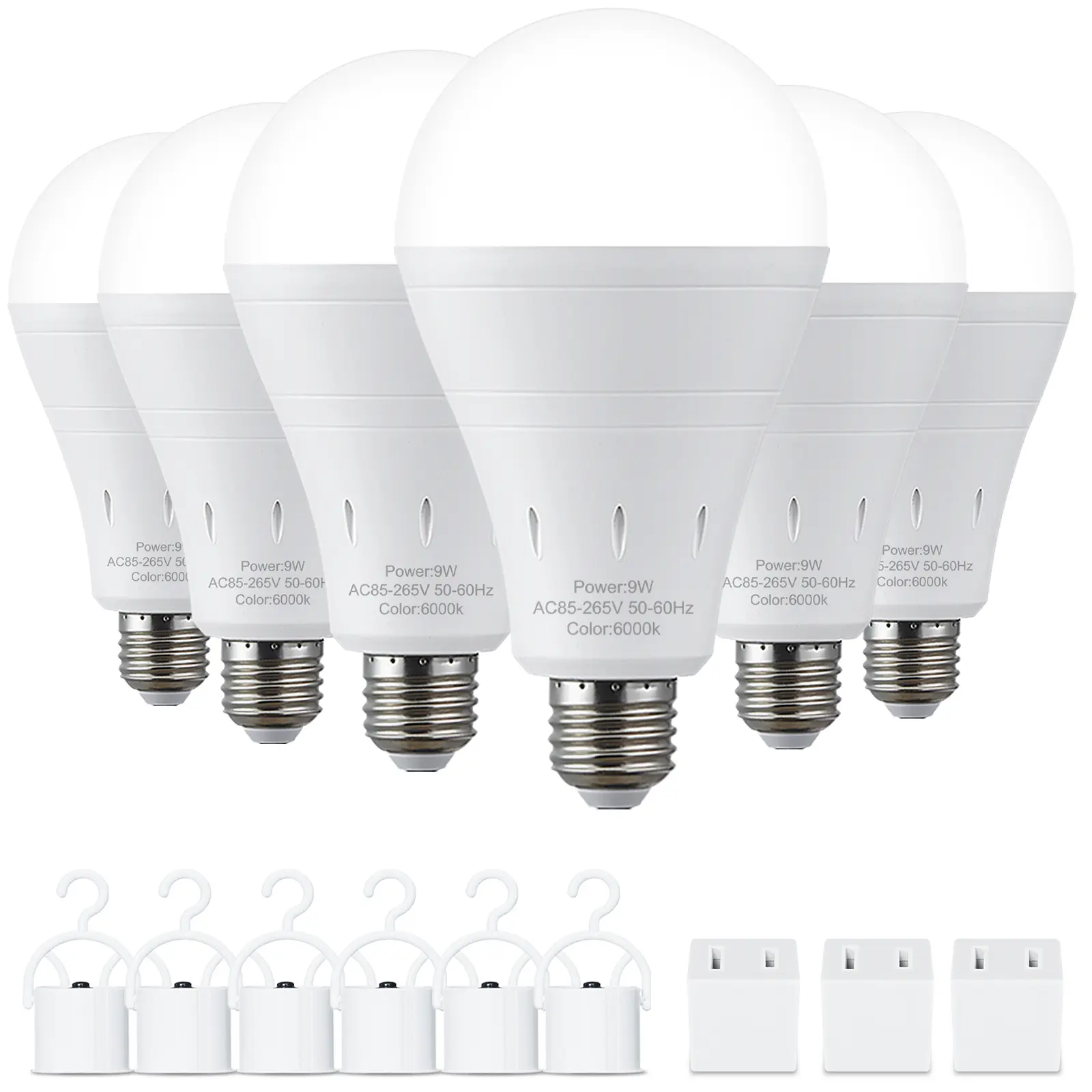 RELAMPBOL 6-Pack Self-Charging Energy-Saving Emergency LED Bulbs - Standard Shape Led Lighting, 9W Power (60W Equivalent), E26 Base, 120V, 6000K Natural Light, 1200mAh Backup Battery, for Home Users Power Outages Camping, Outdoor Hook Compatible