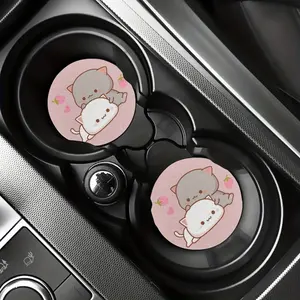 Strawberry Cartoon Cat - 2pcs Coasters For Car Cup-Holder - Absorbent Cup Coasters - With Finger Notch For Easy Removal - Anti Slip Cute Car Accessories