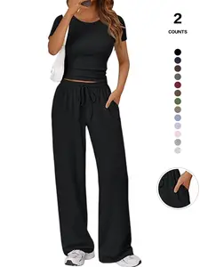Women's Summer Solid Round Neck Tee & Pants Loungewear Set, Casual Comfy Pyjama Set Pajama Set, Slim-Fitting Long Drawstring Pants, Daily Homewear, Womenswear