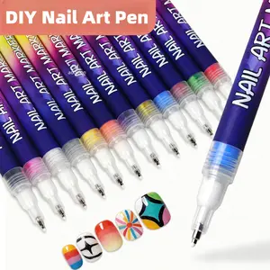 12-Color Nail Art Pen Set - Quick-Drying Acrylic Markers with 0.5mm Ultra-Fine Tip for Precision Line Work & Detailed Nail Art - Highly Pigmented DIY Manicure Kit for Creating 3D Doodles, Flowers & Abstract Designs