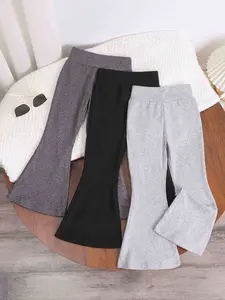 3-piece set of girls' solid color knitted casual pants, Classic solid pants, suitable for all seasons, elastic and slim fit, soft and skin friendly, suitable for indoor/outdoor, machine washable, flared pants