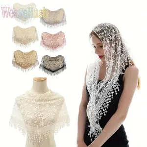 Women's Catholic Lace Triangle Mantilla Veil - Floral Tulle Chapel Scarf, Elegant Lightweight Soft Sheer Religious Head Covering, Traditional Spanish Style Hair Accessory for Church Mass, Wedding Baptism